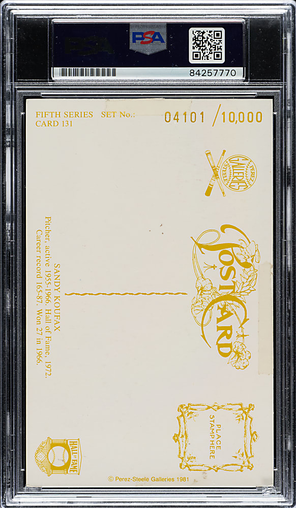 Signed 1981 Perez-Steele Hall of Fame Postcard Sandy Koufax - PSA/DNA