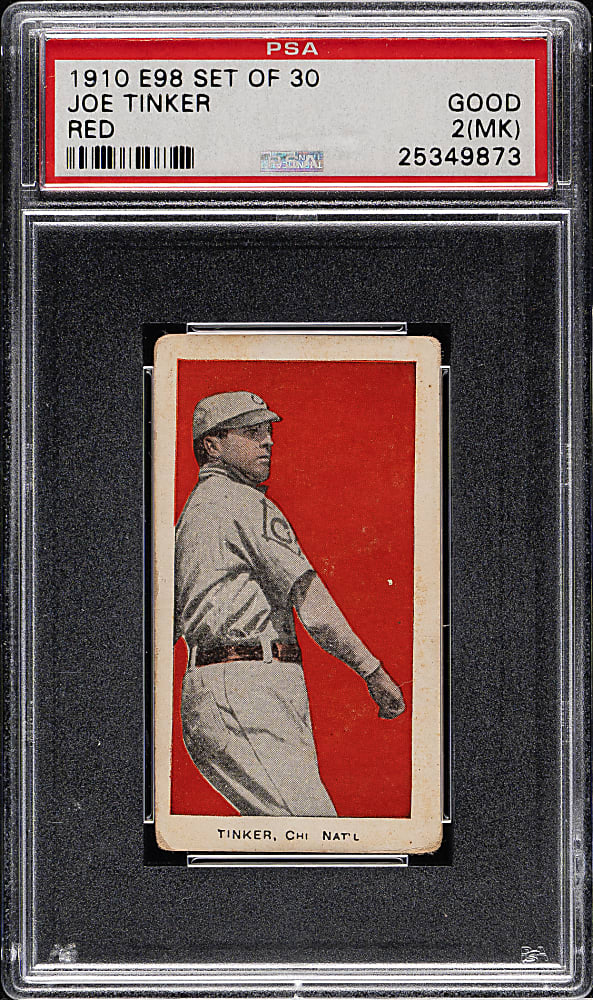 Rare 1910 E98 Anonymous "Set of 30" Joe Tinker Red Background PSA GOOD 2 (MK) - "Old Put Cigars" Overprint