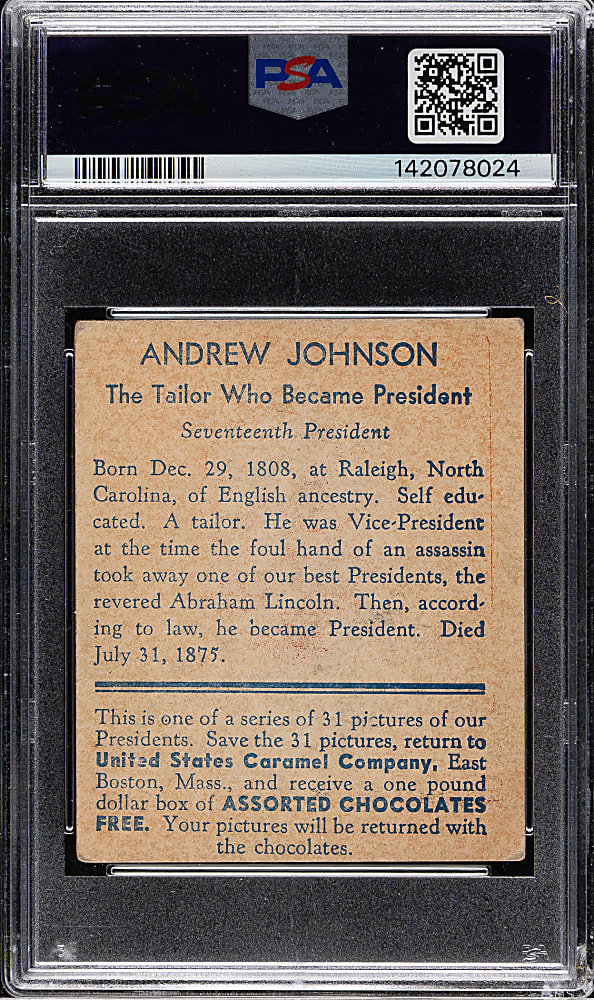 1932 R114 U.S. Caramel "Presidents" Andrew Johnson PSA VG+ 3.5