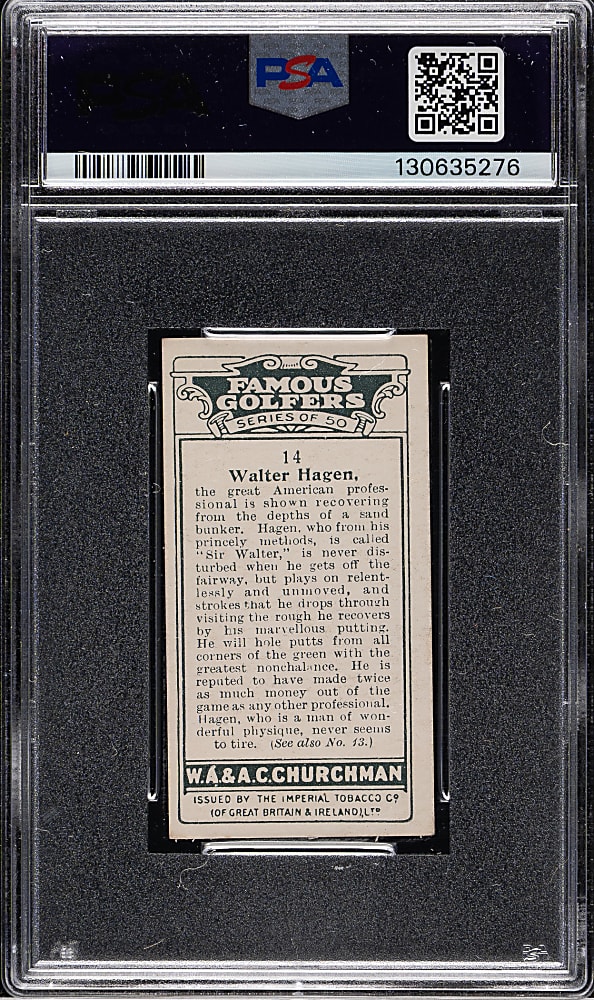 1927 W. A. & A. C. Churchman "Famous Golfers" (Small) #14 Walter Hagen PSA VG-EX 4