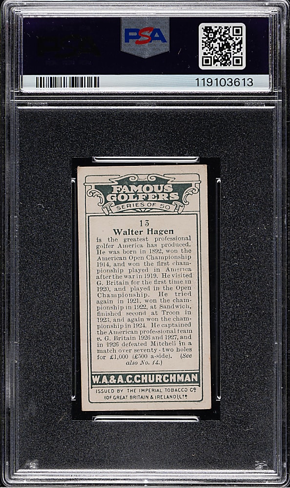 1927 W. A. & A. C. Churchman "Famous Golfers" (Small) #13 Walter Hagen PSA VG 3