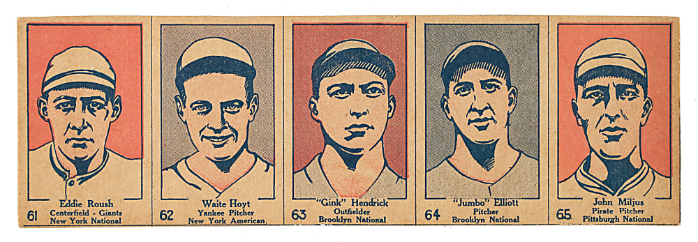 1928 W513 Uncut Strip-Card Panel (5 Cards) with Eddie Roush and Waite Hoyt