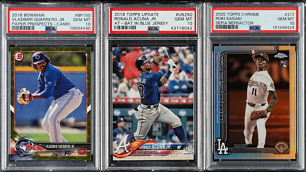 2018 to 2025 Topps and Bowman PSA GEM MINT 10 Trio: Vladimir Guerrero Jr., Ronald Acuna Jr., and Roki Sasaki
