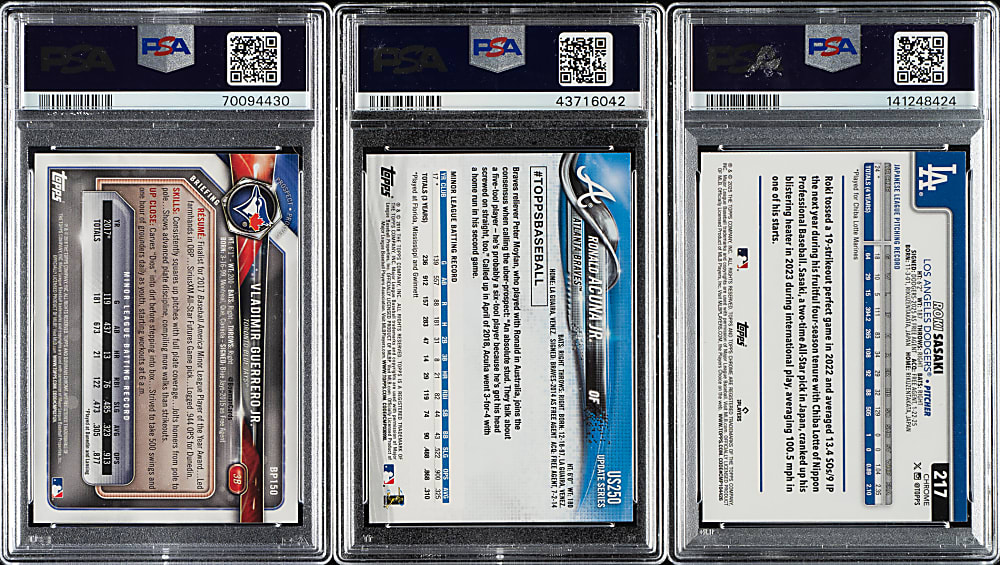 2018 to 2025 Topps and Bowman PSA GEM MINT 10 Trio: Vladimir Guerrero Jr., Ronald Acuna Jr., and Roki Sasaki