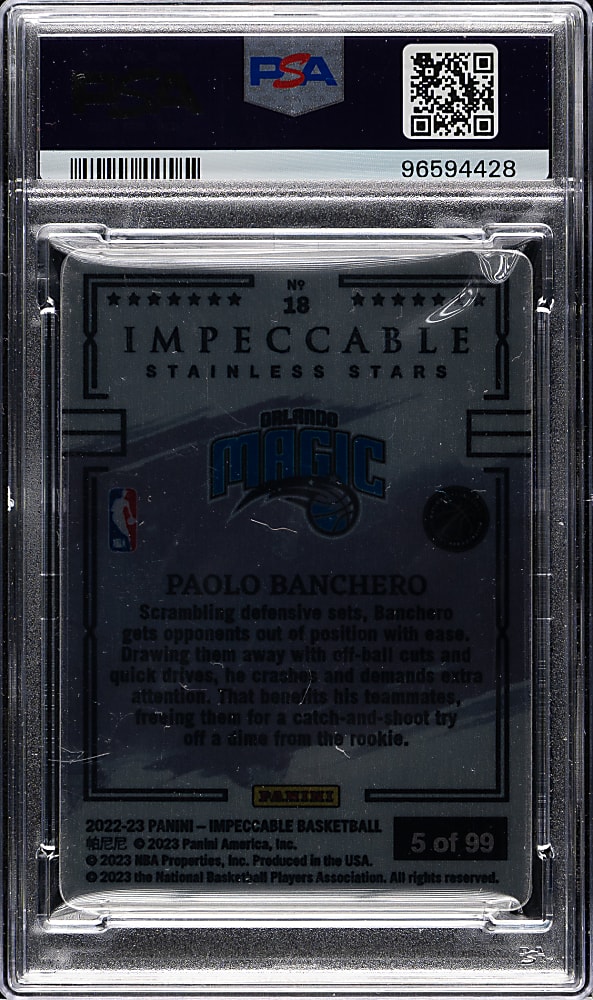 2022-2023 Panini Impeccable Stainless Stars Basketball #18 Paolo Banchero #5/99 PSA MINT 9