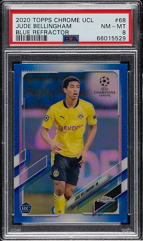 2020 Topps Chrome UCL Soccer #68 Jude Bellingham Blue Refractor #56/150 PSA NM-MT 8