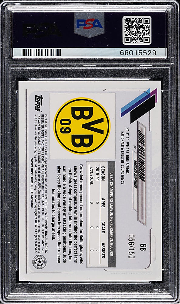 2020 Topps Chrome UCL Soccer #68 Jude Bellingham Blue Refractor #56/150 PSA NM-MT 8