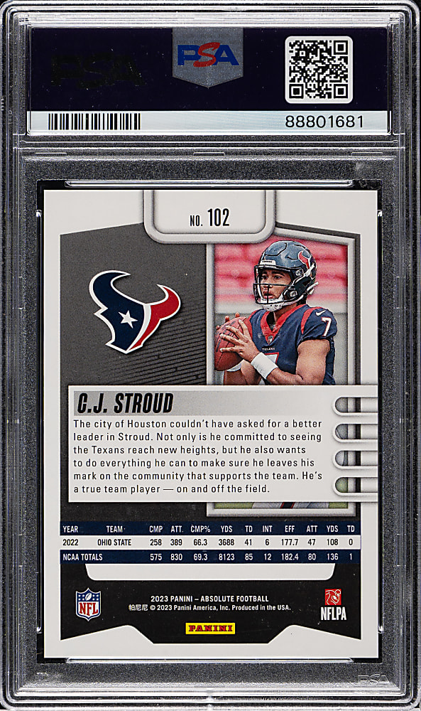 2023 Panini Absolute Blue Diamonds Football #102 CJ Stroud #72/199 PSA GEM MINT 10