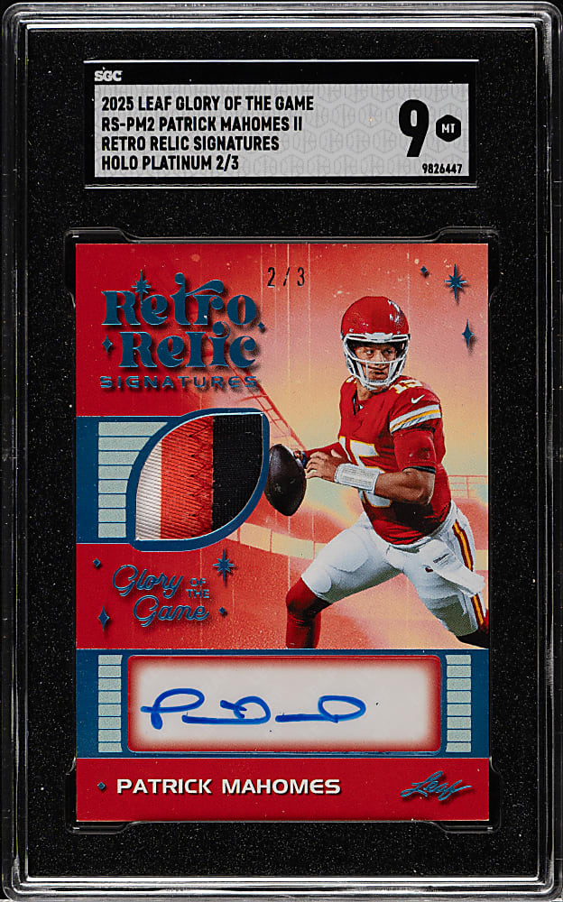 2025 Leaf Glory of the Game Retro Relic Signatures Football #RS-PM2 Patrick Mahomes II Holo Platinum #2/3 SGC MINT 9