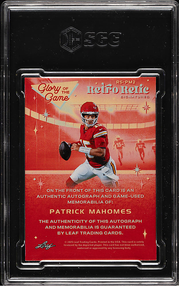 2025 Leaf Glory of the Game Retro Relic Signatures Football #RS-PM2 Patrick Mahomes II Holo Platinum #2/3 SGC MINT 9