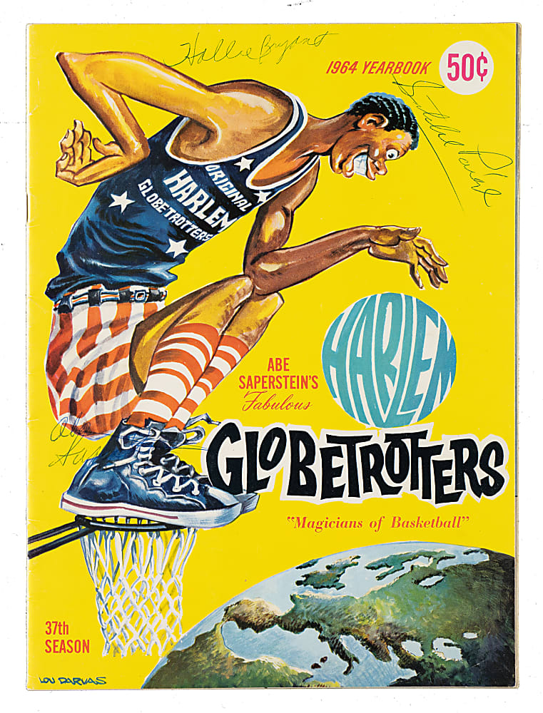 1964 Harlem Globetrotters Program Signed by Satchel Paige, Abe Saperstein, and Hallie Bryant - PSA/DNA