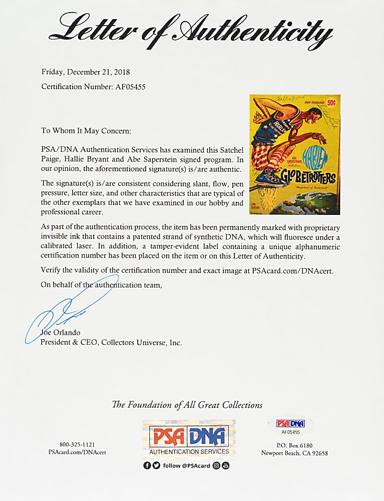 1964 Harlem Globetrotters Program Signed by Satchel Paige, Abe Saperstein, and Hallie Bryant - PSA/DNA