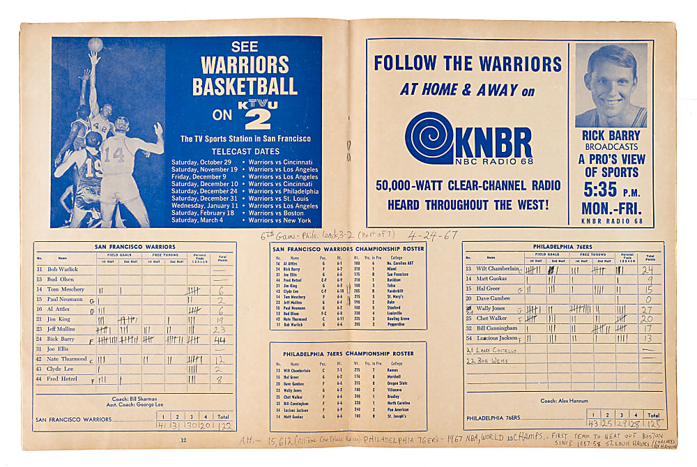April 24, 1967 NBA Championship Game 6 (Philadelphia 76ers vs. San Francisco Warriors) Program - Scored with Wilt Chamberlain in Lineup