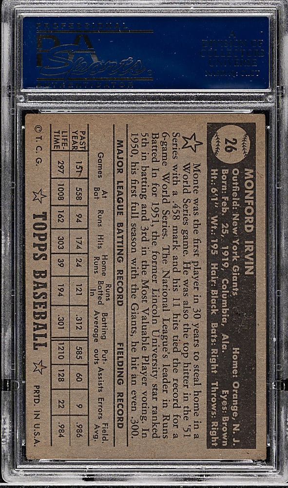 1952 Topps #26 Monty Irvin Black Back PSA EX 5