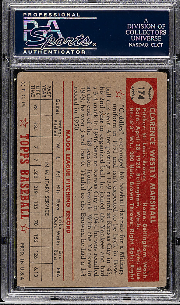 1952 Topps #174 Clarence Marshall PSA VG 3 (MC) - "Canadian" Gray Back