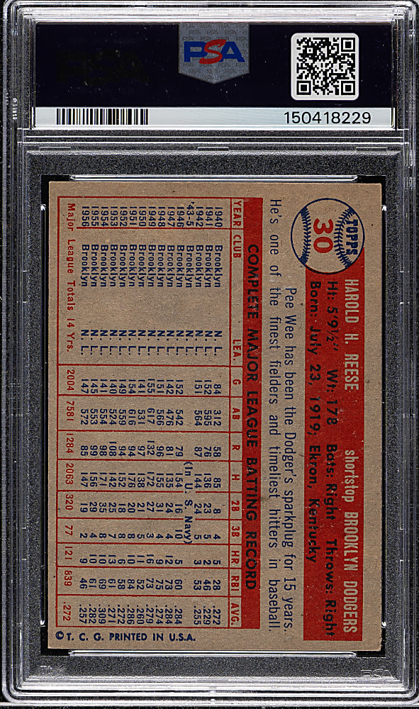 1957 Topps #30 Pee Wee Reese PSA VG 3