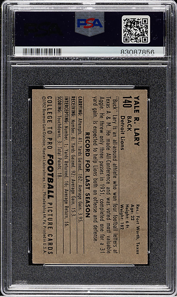 1952 Bowman Small Football #140 Yale Lary PSA GOOD+ 2.5