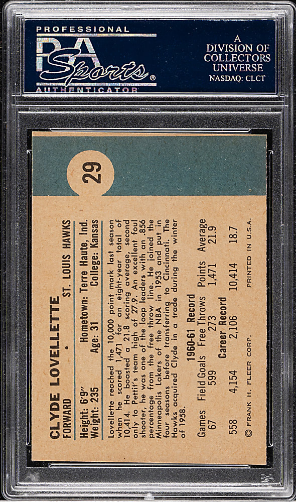 1961-1962 Fleer Basketball #29 Clyde Lovellette PSA EX-MT 6