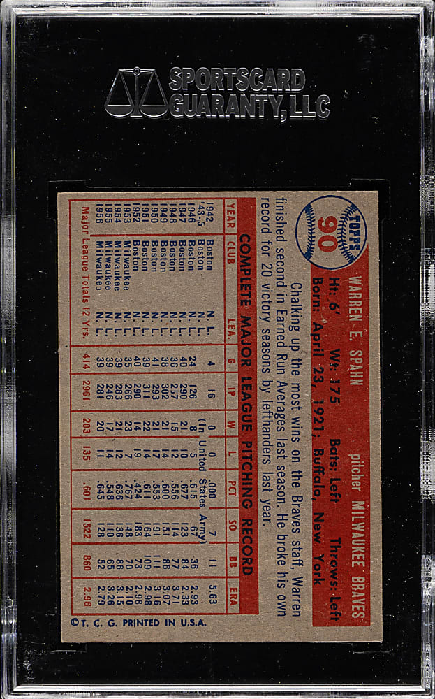 1957 Topps #90 Warren Spahn SGC NM+ 86