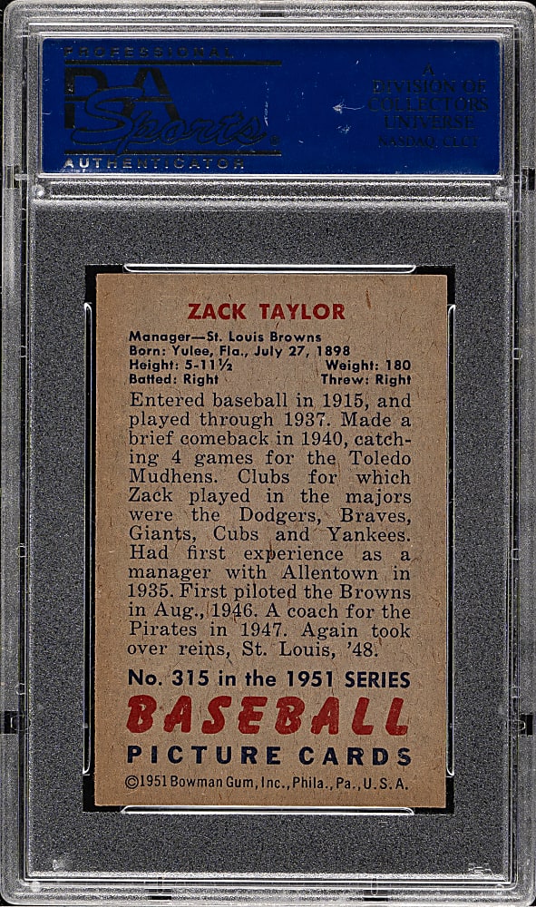1951 Bowman #315 Zack Taylor PSA EX-MT 6
