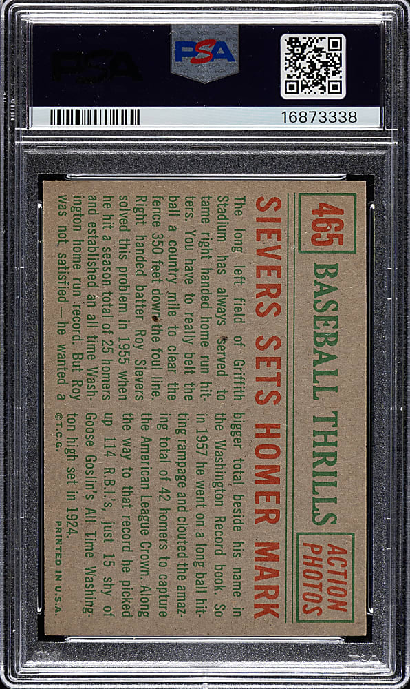 1959 Topps #465 Sievers Sets Homer Mark PSA MINT 9
