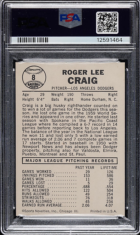 1960 Leaf #8 Roger Craig PSA MINT 9