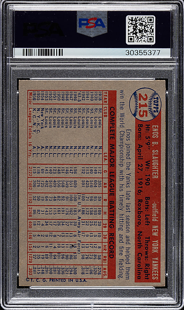 1957 Topps #215 Enos Slaughter PSA NM-MT 8