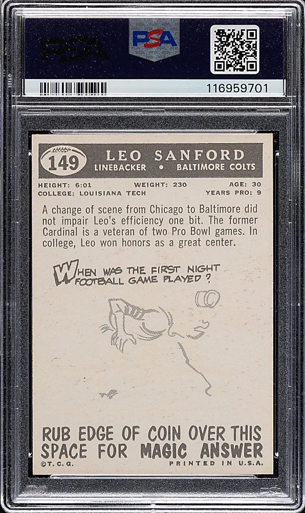 1959 Topps Football #149 Leo Sanford PSA MINT 9 - Highest Graded!