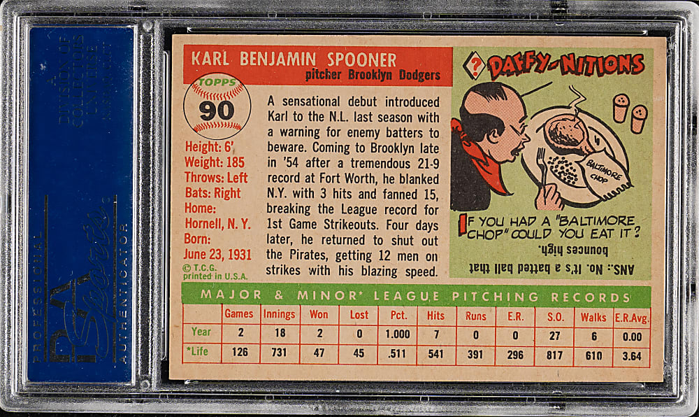 1955 Topps #90 Karl Spooner PSA NM-MT 8