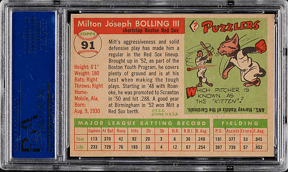 1955 Topps #91 Milt Bolling PSA NM-MT 8