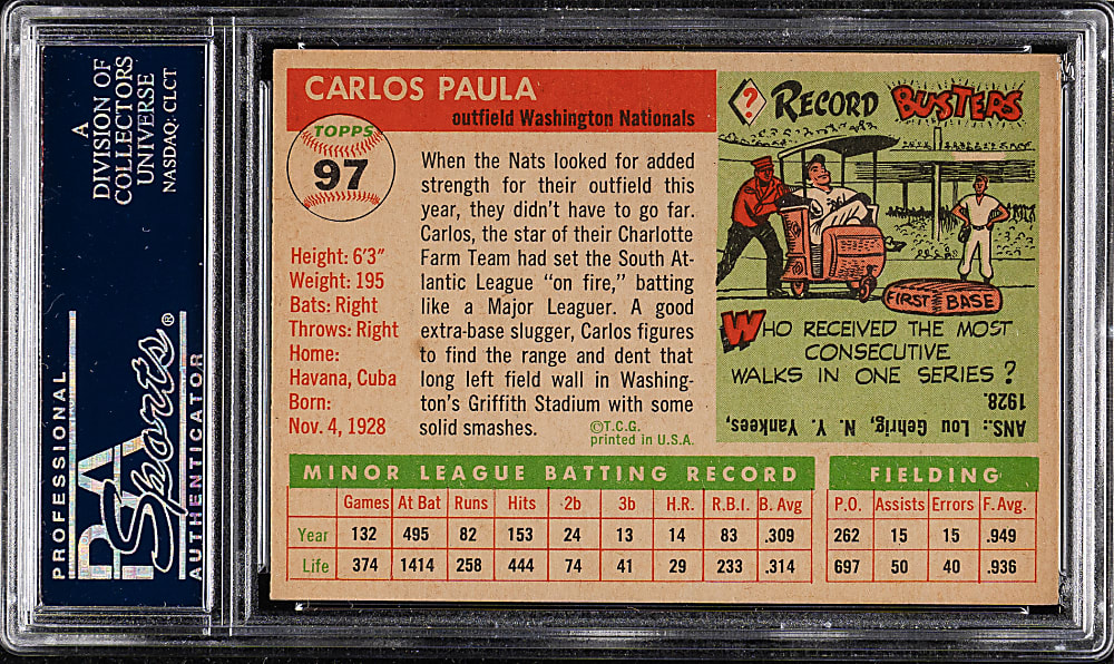 1955 Topps #97 Carlos Paula PSA NM-MT 8