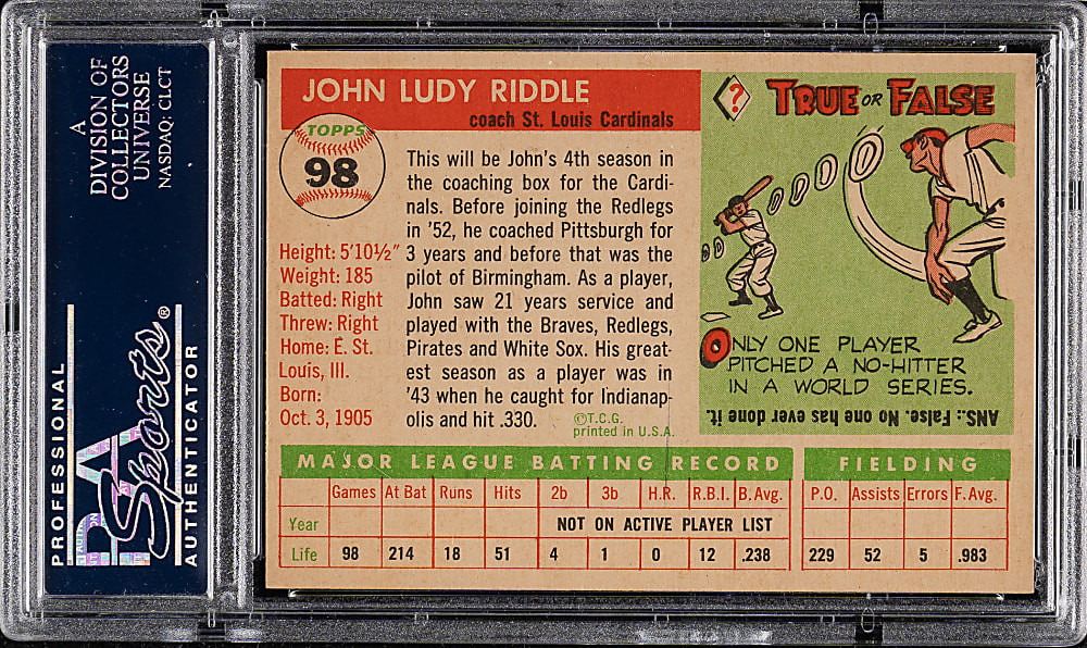 1955 Topps #98 Johnny Riddle PSA NM-MT 8