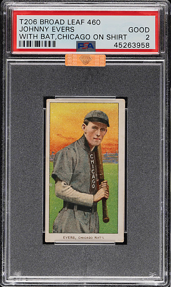 1909-1911 T206 White Border Johnny Evers with Bat Chicago on Shirt PSA GOOD 2 - Broad Leaf 460 Back -  1 of 2 - Highest Graded! (MBA Bronze Diamond)