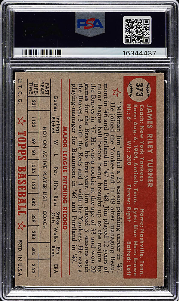 1952 Topps #373 Jim Turner High Number PSA NM-MT 8
