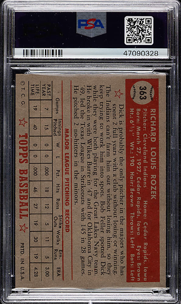 1952 Topps #363 Dick Rozek High Number PSA NM-MT 8