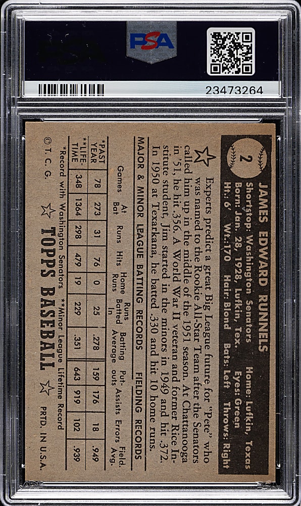 1952 Topps #2 James Runnels Black Back PSA NM 7