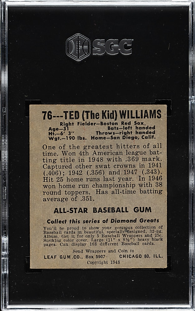 1948-1949 Leaf #76 Ted Williams SGC VG+ 3.5