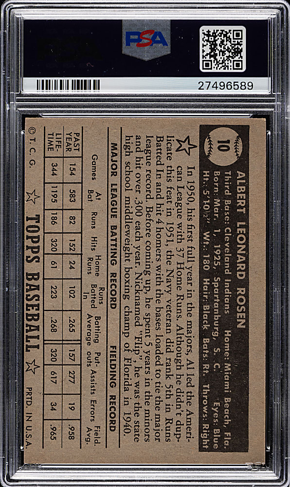 1952 Topps #10 Al Rosen Black Back PSA NM 7