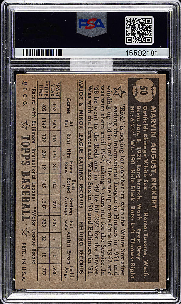 1952 Topps #50 Marv Rickert Black Back PSA NM 7 (MBA Bronze Diamond)