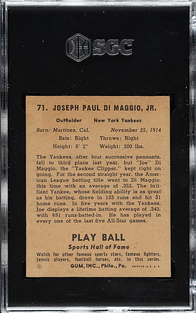 1941 R336 Play Ball #71 Joe DiMaggio SGC GOOD+ 2.5
