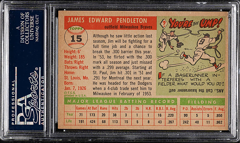 1955 Topps #15 Jim Pendleton PSA NM-MT 8