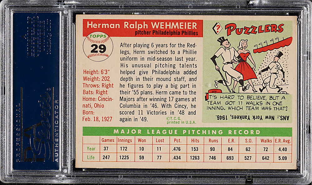 1955 Topps #29 Herman Wehmeier PSA NM-MT 8