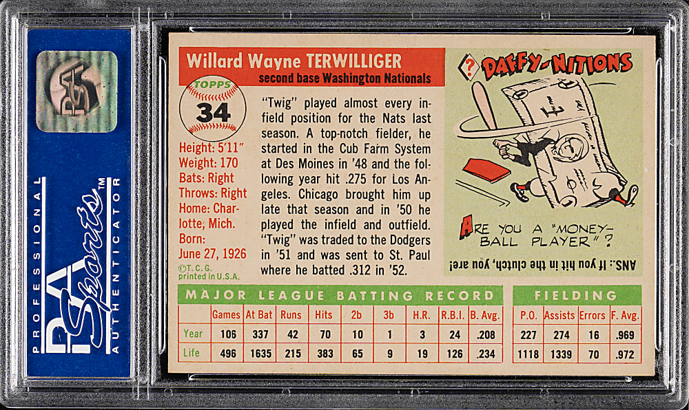 1955 Topps #34 Wayne Terwilliger PSA NM-MT 8
