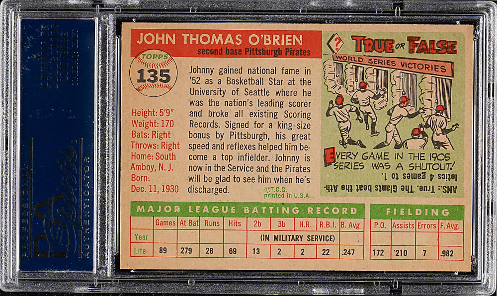 1955 Topps #135 Johnny O'Brien PSA NM-MT 8