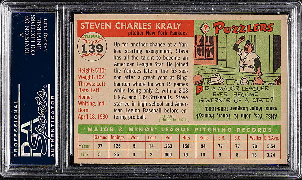 1955 Topps #139 Steve Kraly PSA NM-MT 8