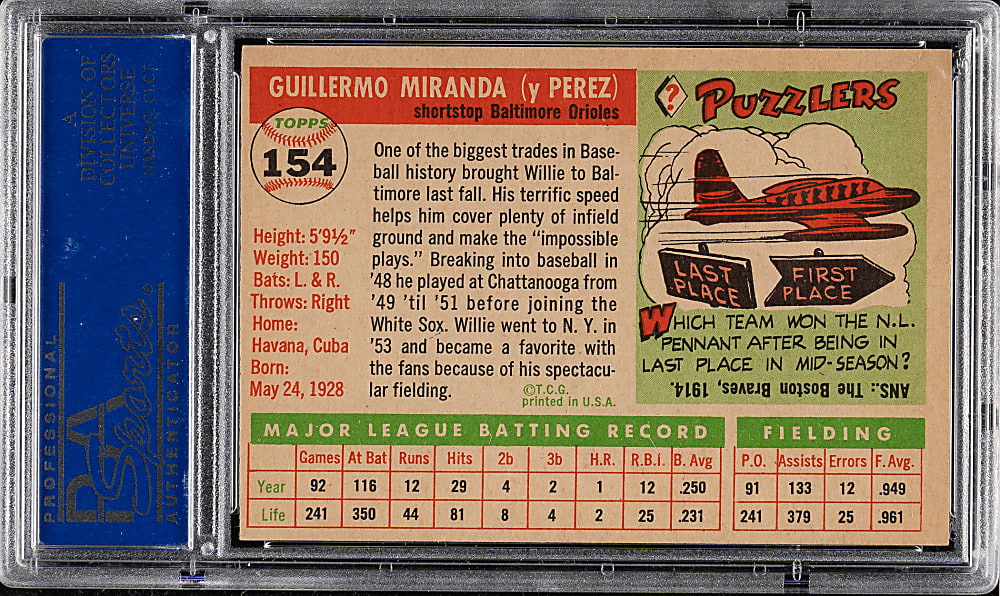 1955 Topps #154 Willie Miranda PSA NM-MT 8