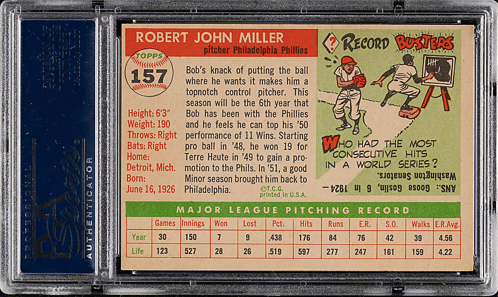 1955 Topps #157 Bob Miller PSA NM-MT 8
