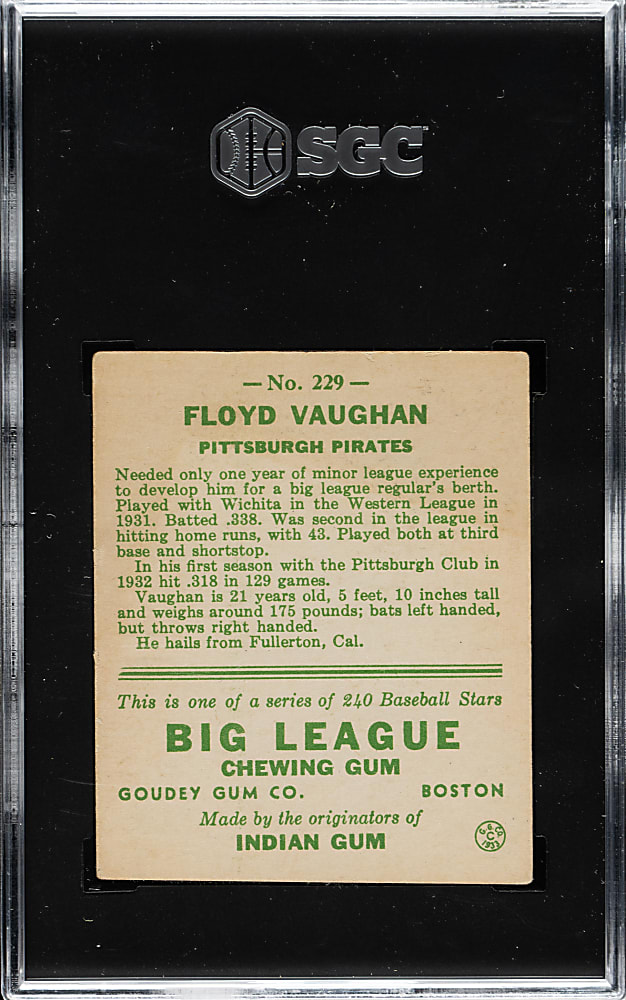 1933 R319 Goudey #229 Floyd "Arky" Vaughan SGC VG/EX 4