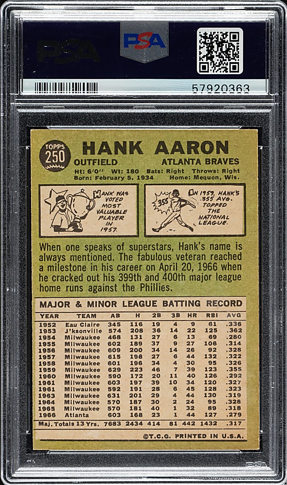 1967 Topps #250 Hank Aaron PSA EX-MT 6