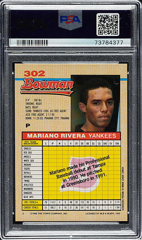 1992 Bowman #302 Mariano Rivera Rookie PSA MINT 9